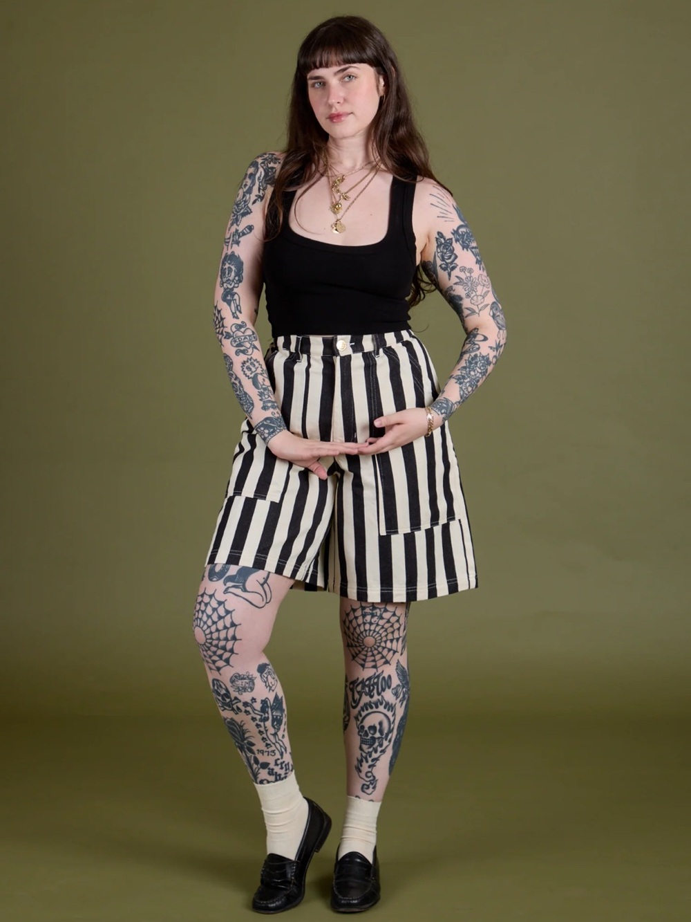 Big Bud Press Long Work Shorts Black and White Stripe Medium